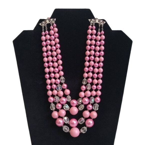 Shades of Pink and Translucent Iridescent Beads Multi Strand Statement Necklace - Picture 1 of 10